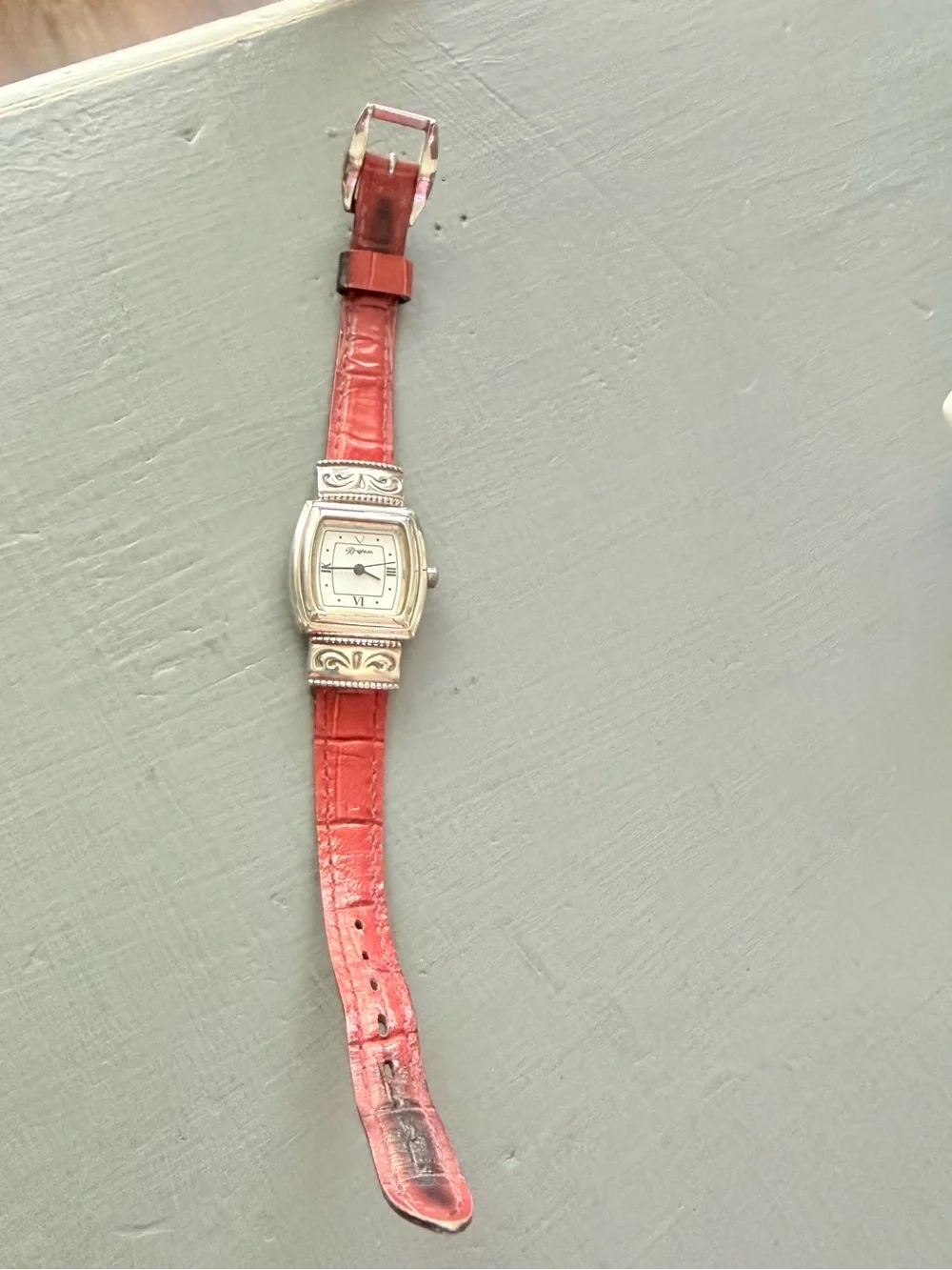 Brighton Waterford Silver-Tone Square Watch Reversible Black Red Leather Strap